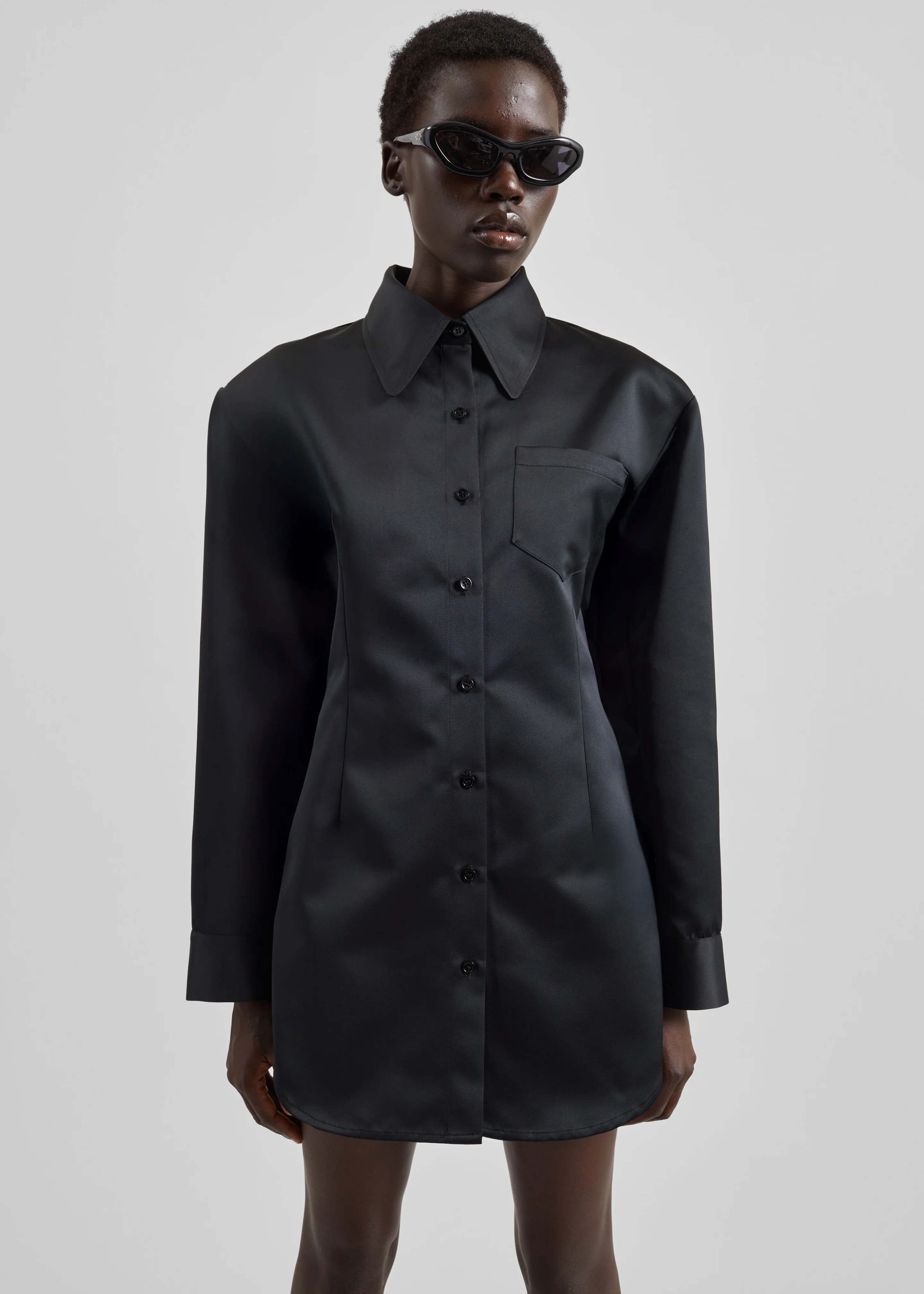 Akita Satin Cinched Shirt Dress - Black