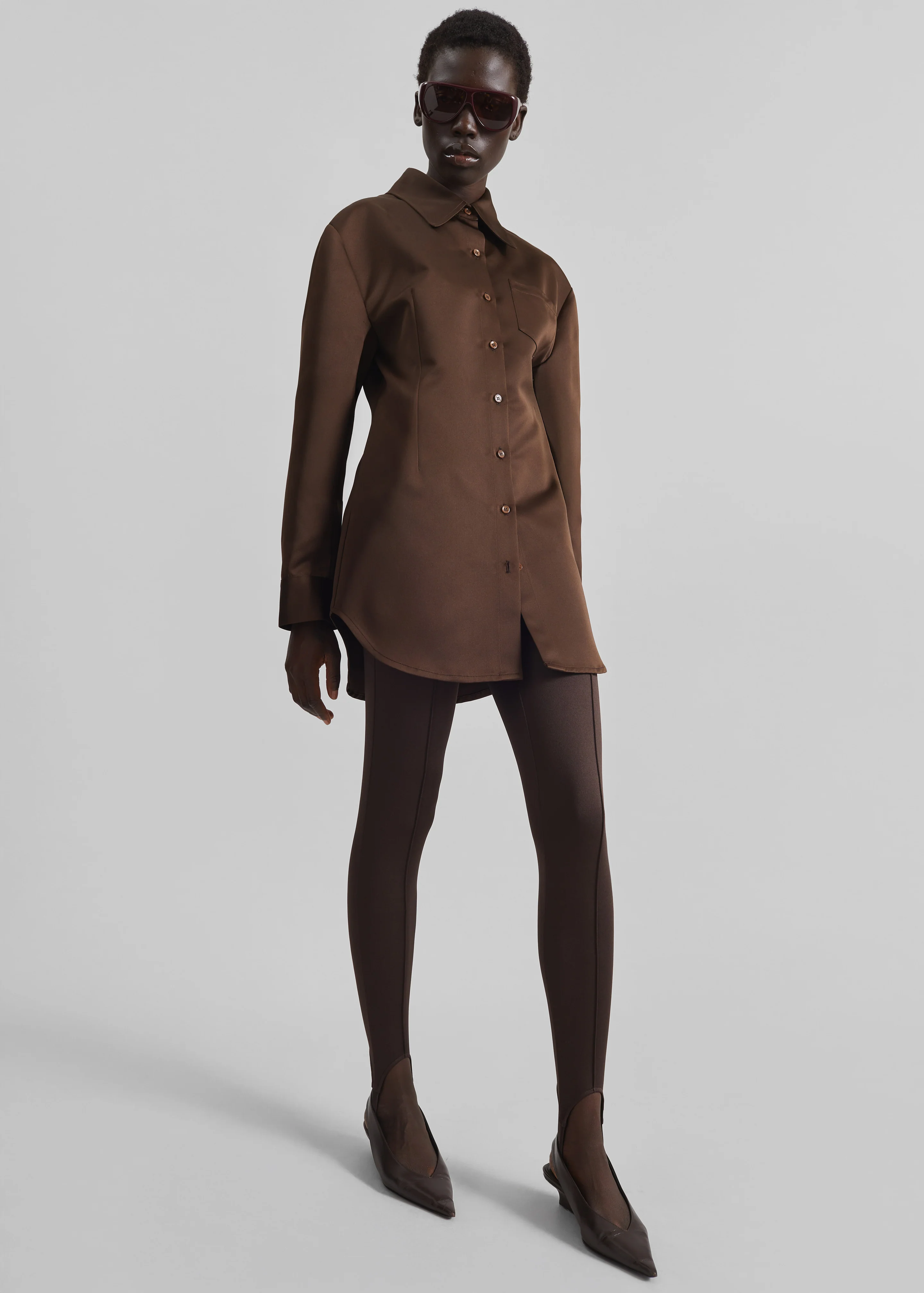 Akita Satin Cinched Shirt Dress - Brown