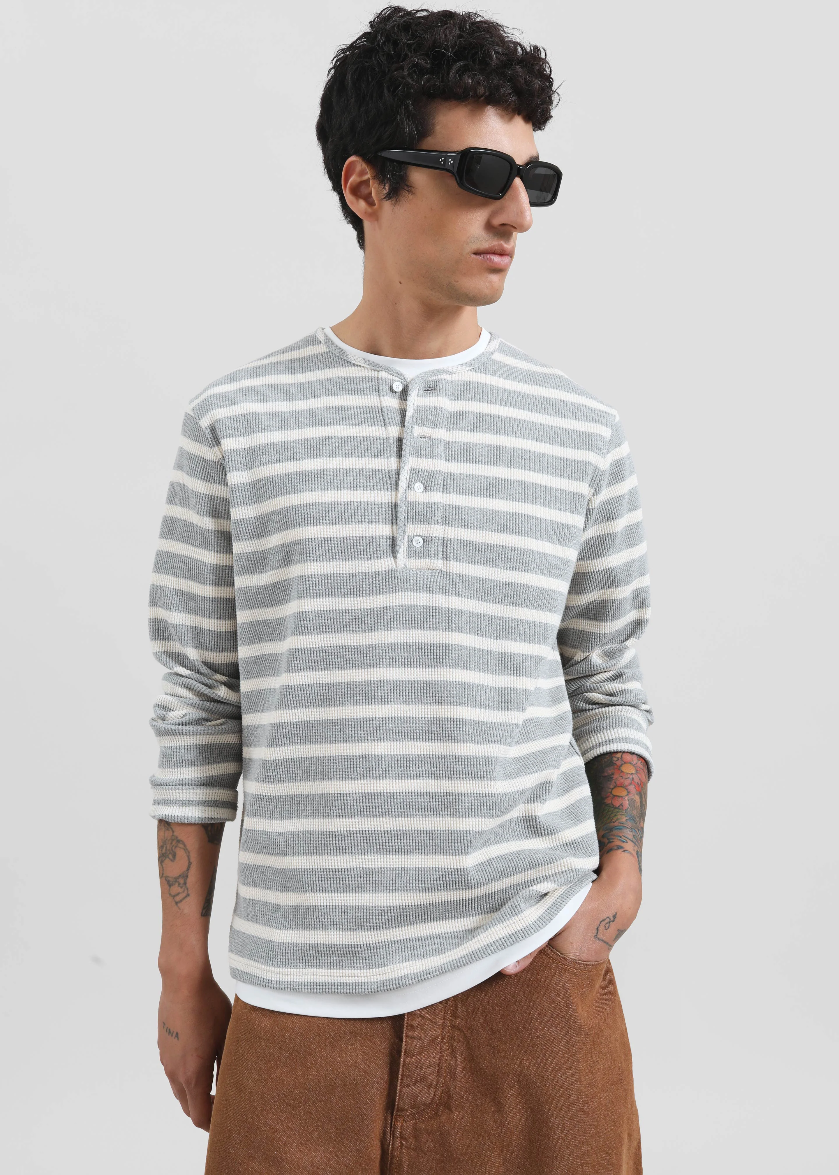 Bourke Soft Cotton Henley T-Shirt - Grey/White Stripe - Image 2