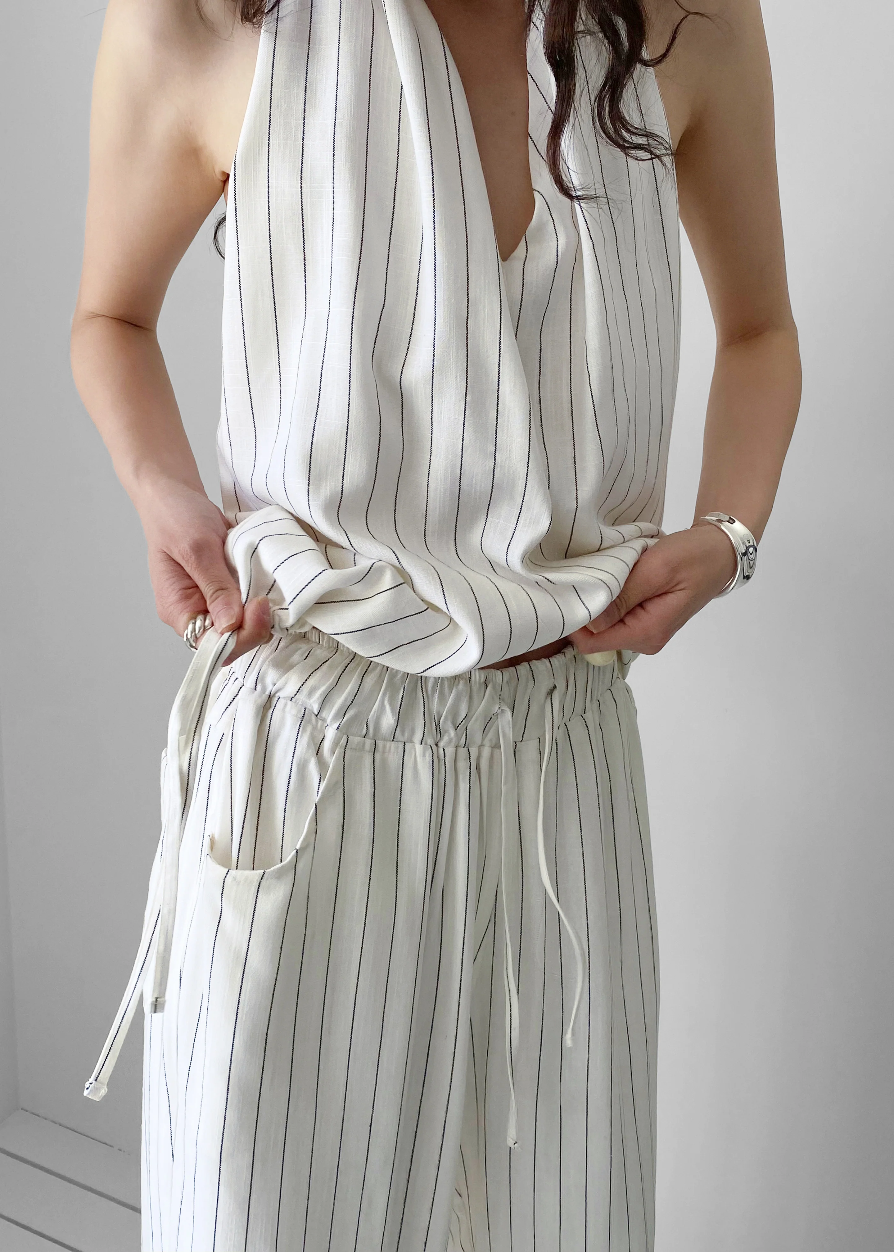 Branton Drawstring Halter Top - White/Black Pinstripe - Image 3