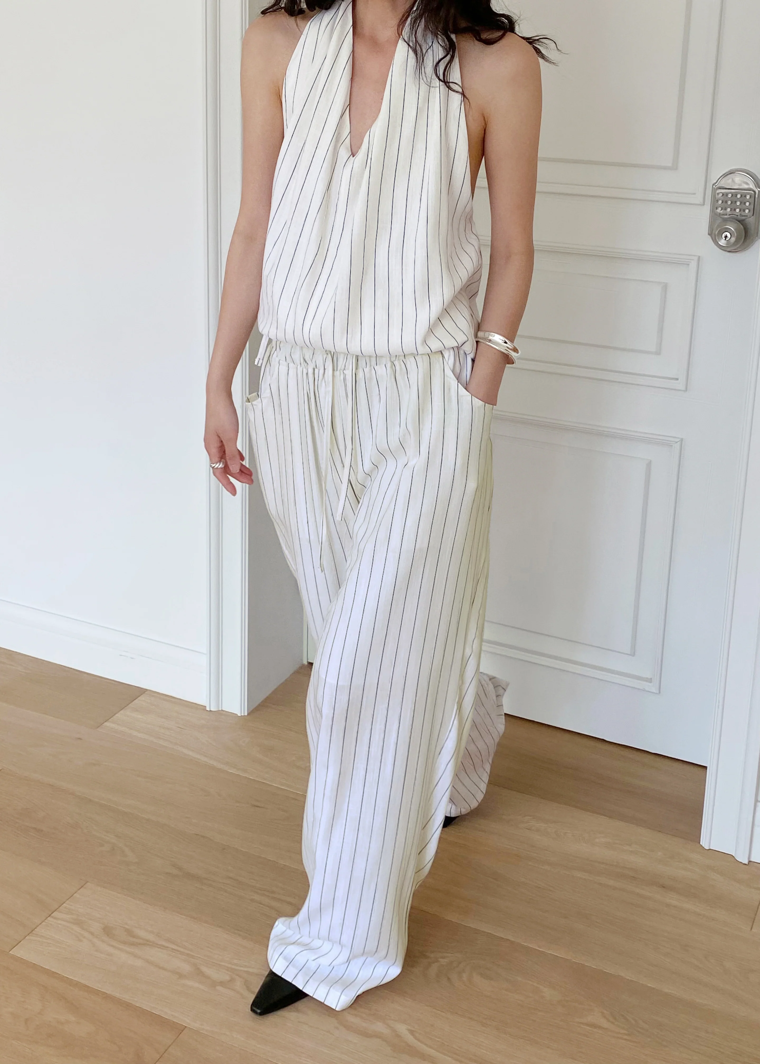 Branton Drawstring Halter Top - White/Black Pinstripe - Image 5