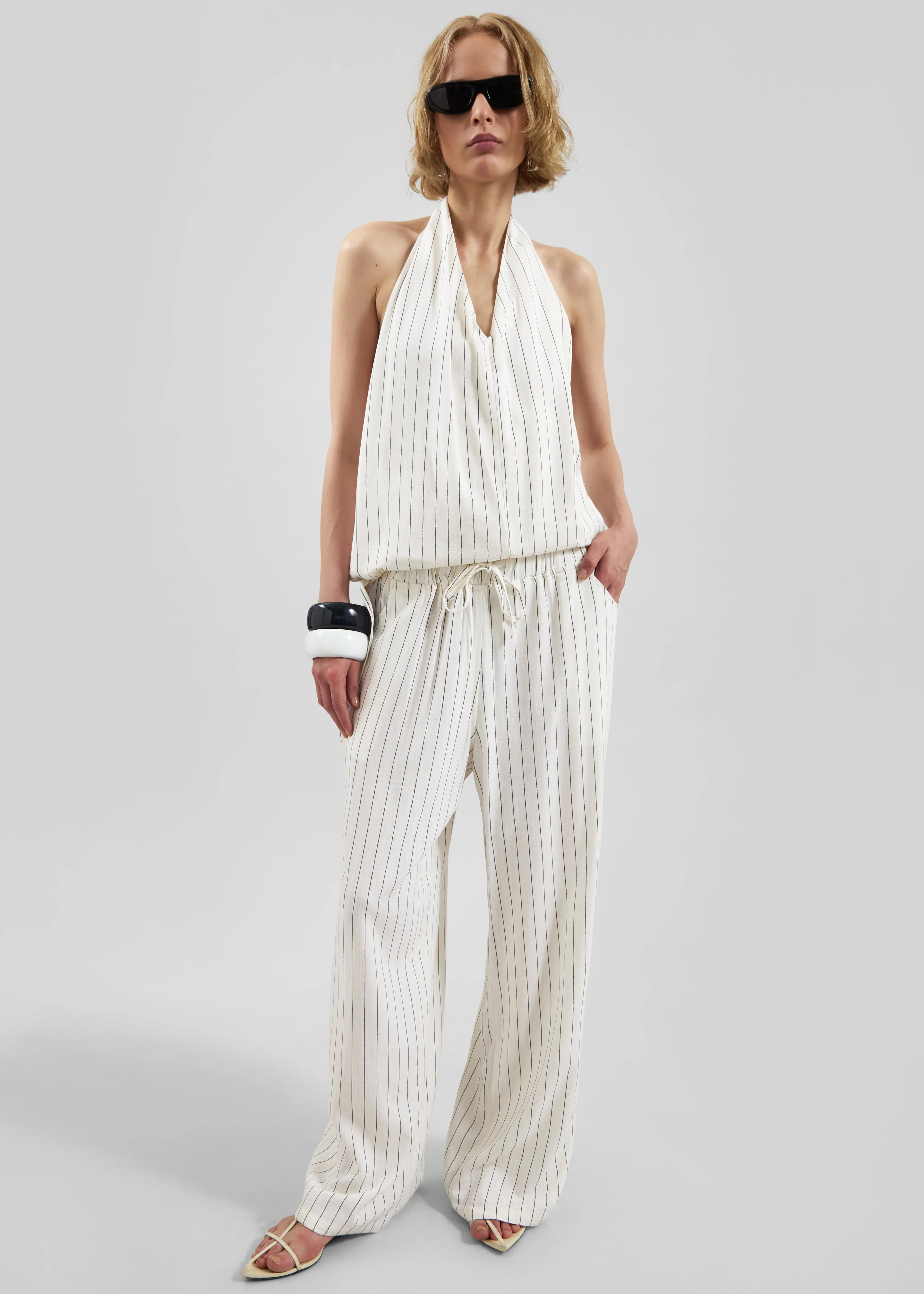 Branton Drawstring Halter Top - White/Black Pinstripe - Image 7