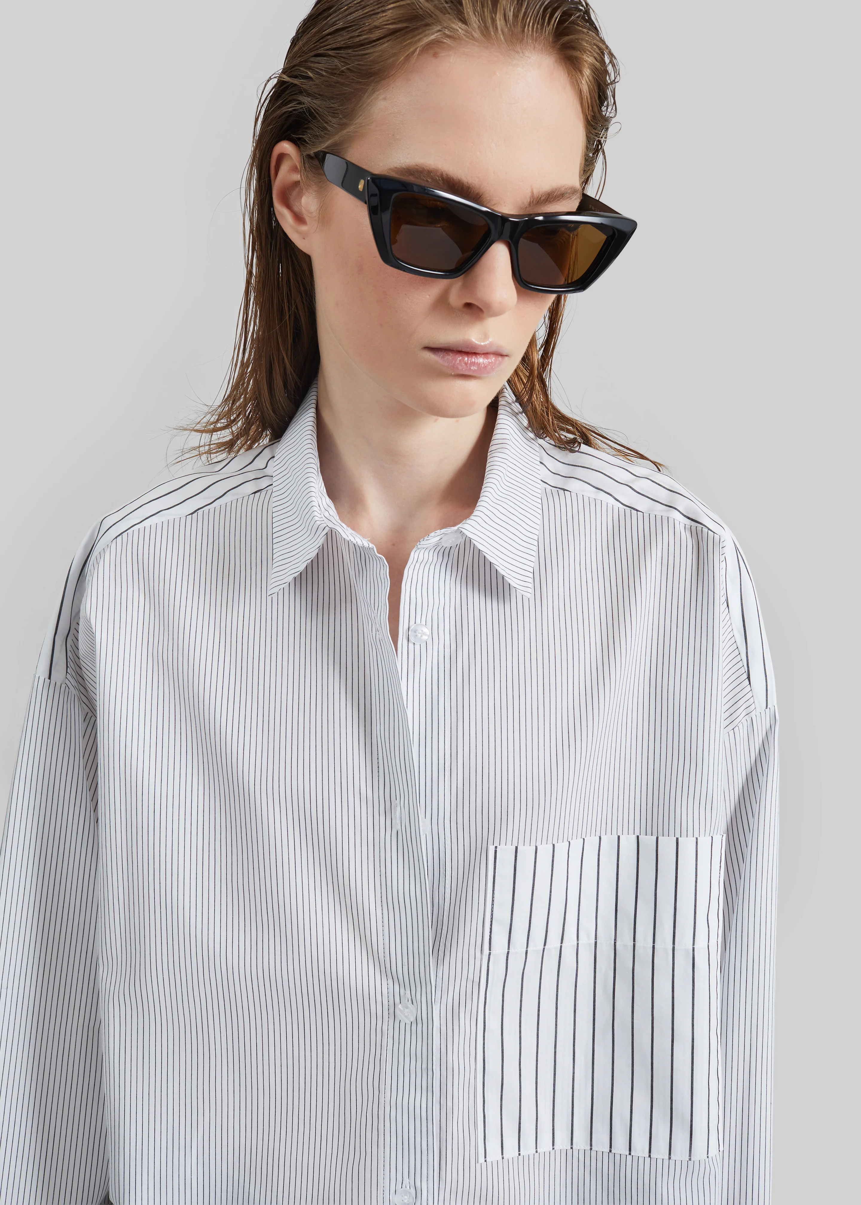 By Malene Birger Derris Shirt - White/Black Mix Stripe - Image 6