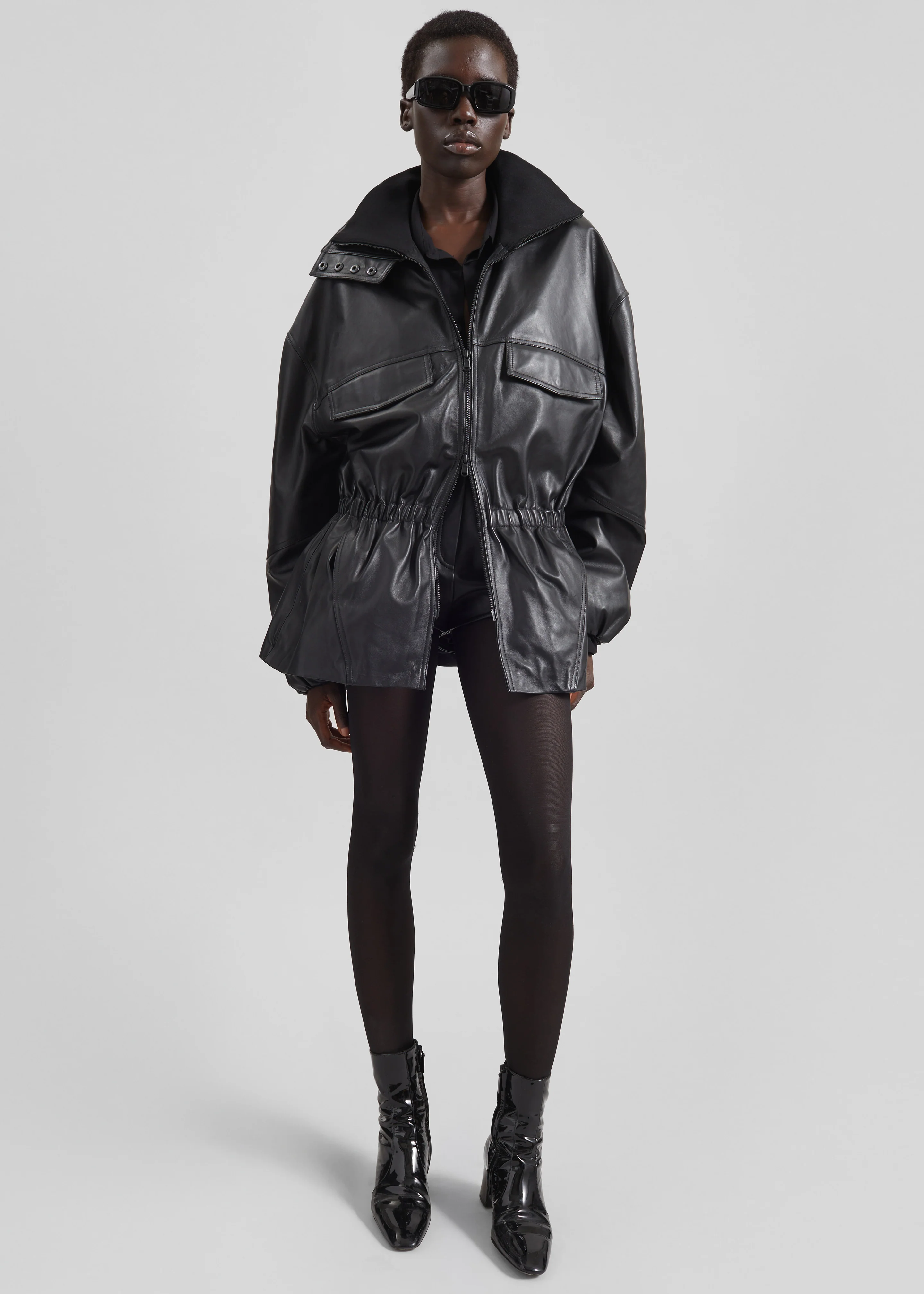 Carnaby Funnel Neck Leather Jacket - Black