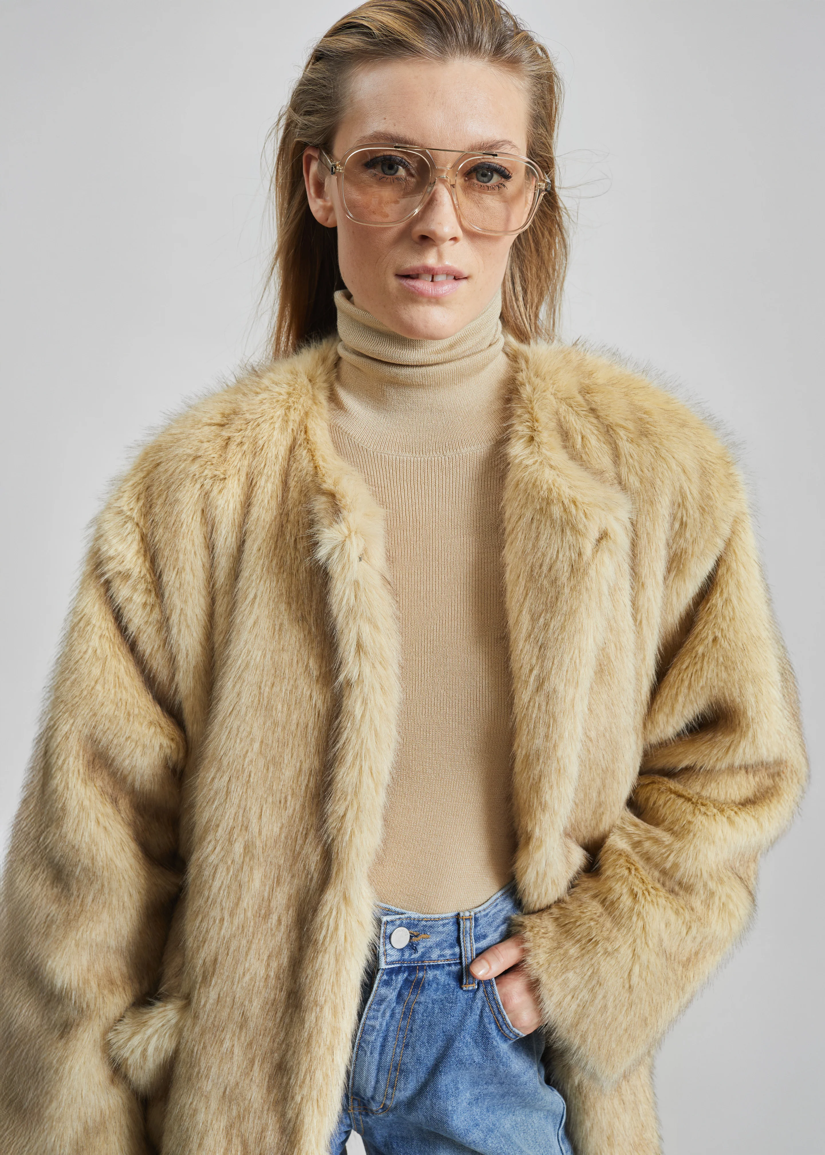 Gemona Faux Fur Collarless Coat - Beige - Image 2