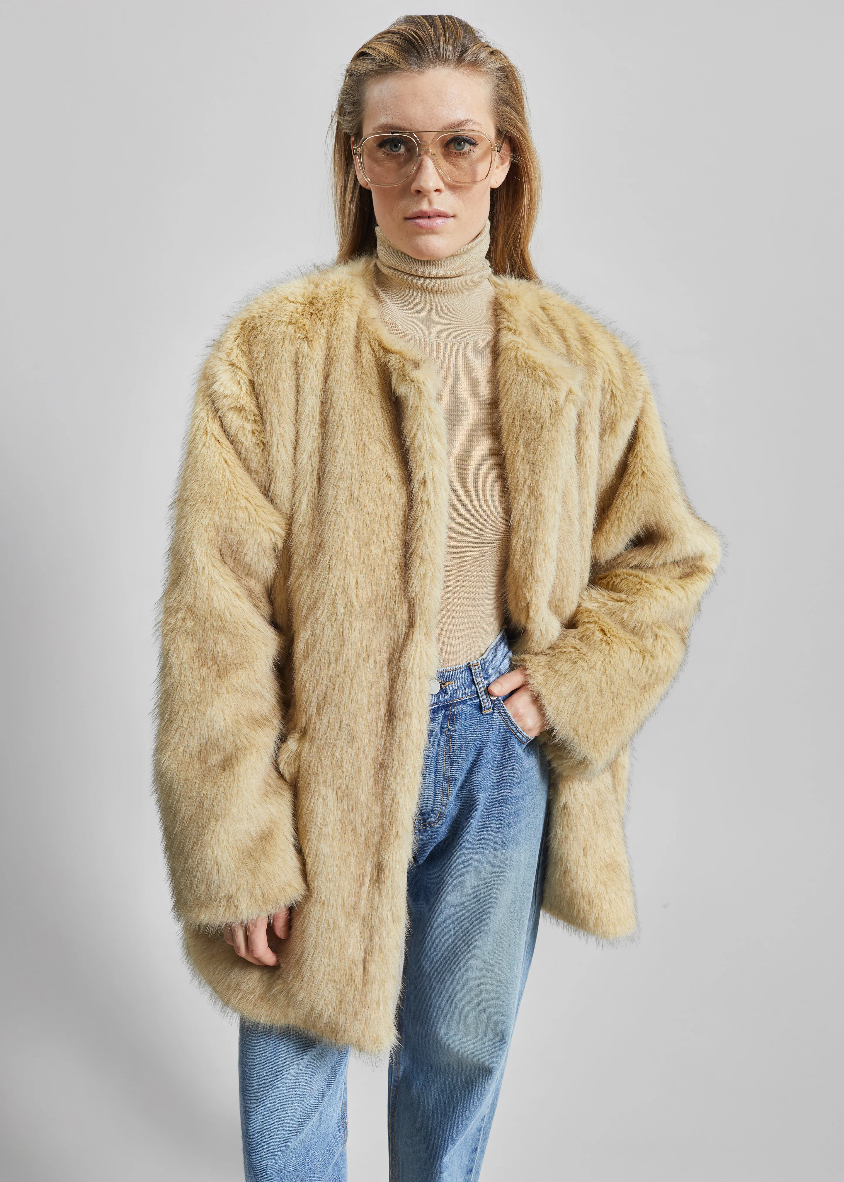 Gemona Faux Fur Collarless Coat - Beige - Image 6