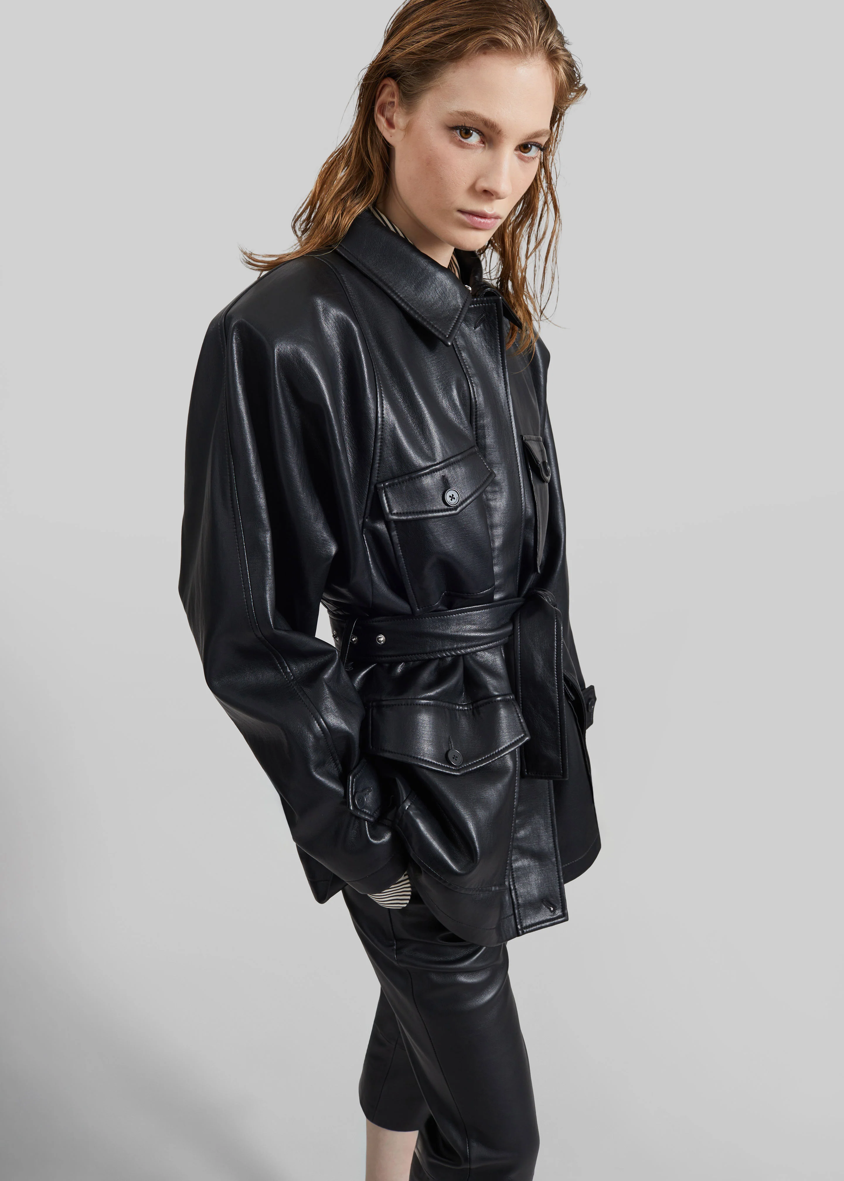 Kelia Faux Leather Padded Utility Jacket - Black - Image 9