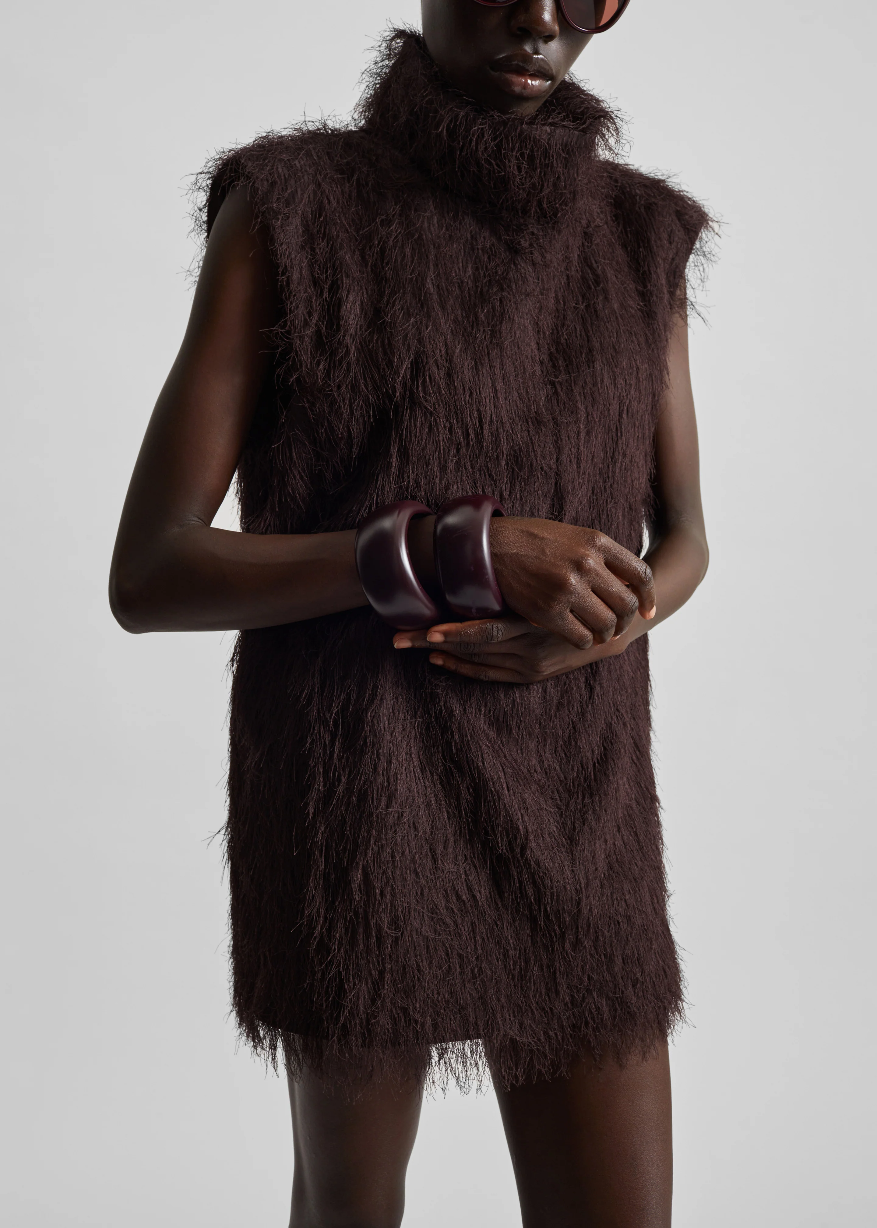 Lancy Fringed Funnel Neck Dress - Dark Brown - Image 2