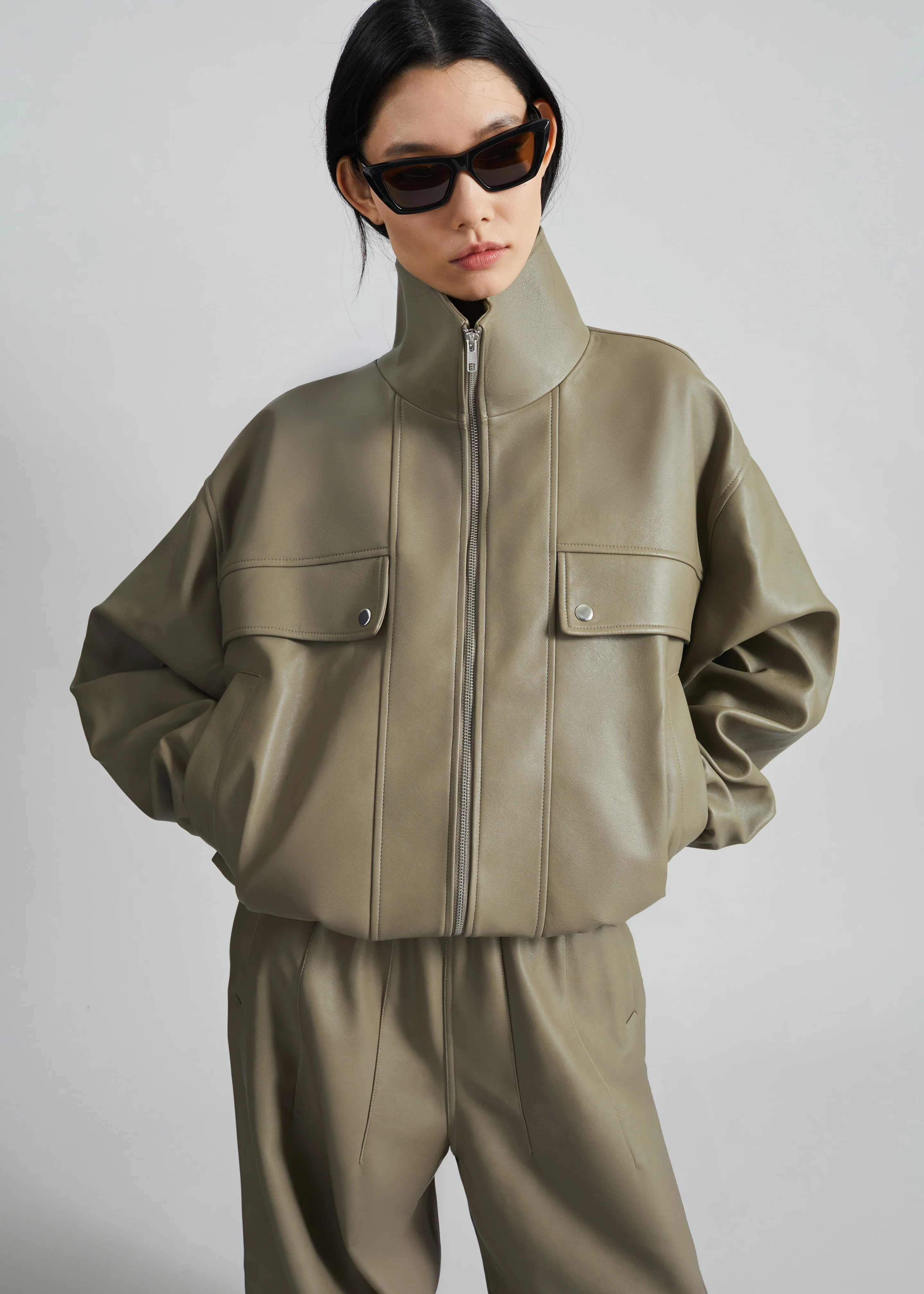 Nolita Faux Leather Bomber Jacket - Sage
