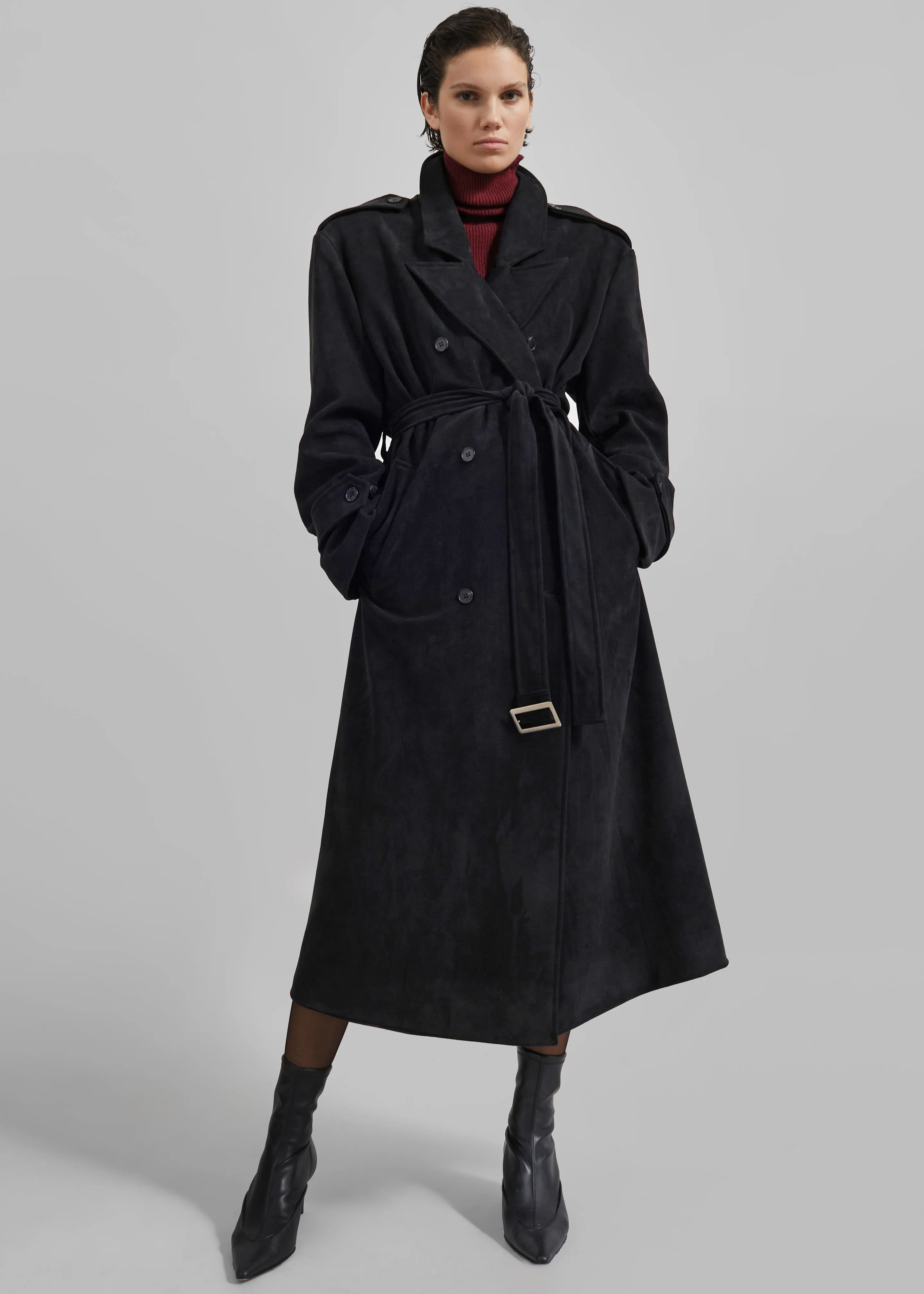Peoria Faux Suede Trench Coat - Black - Image 2