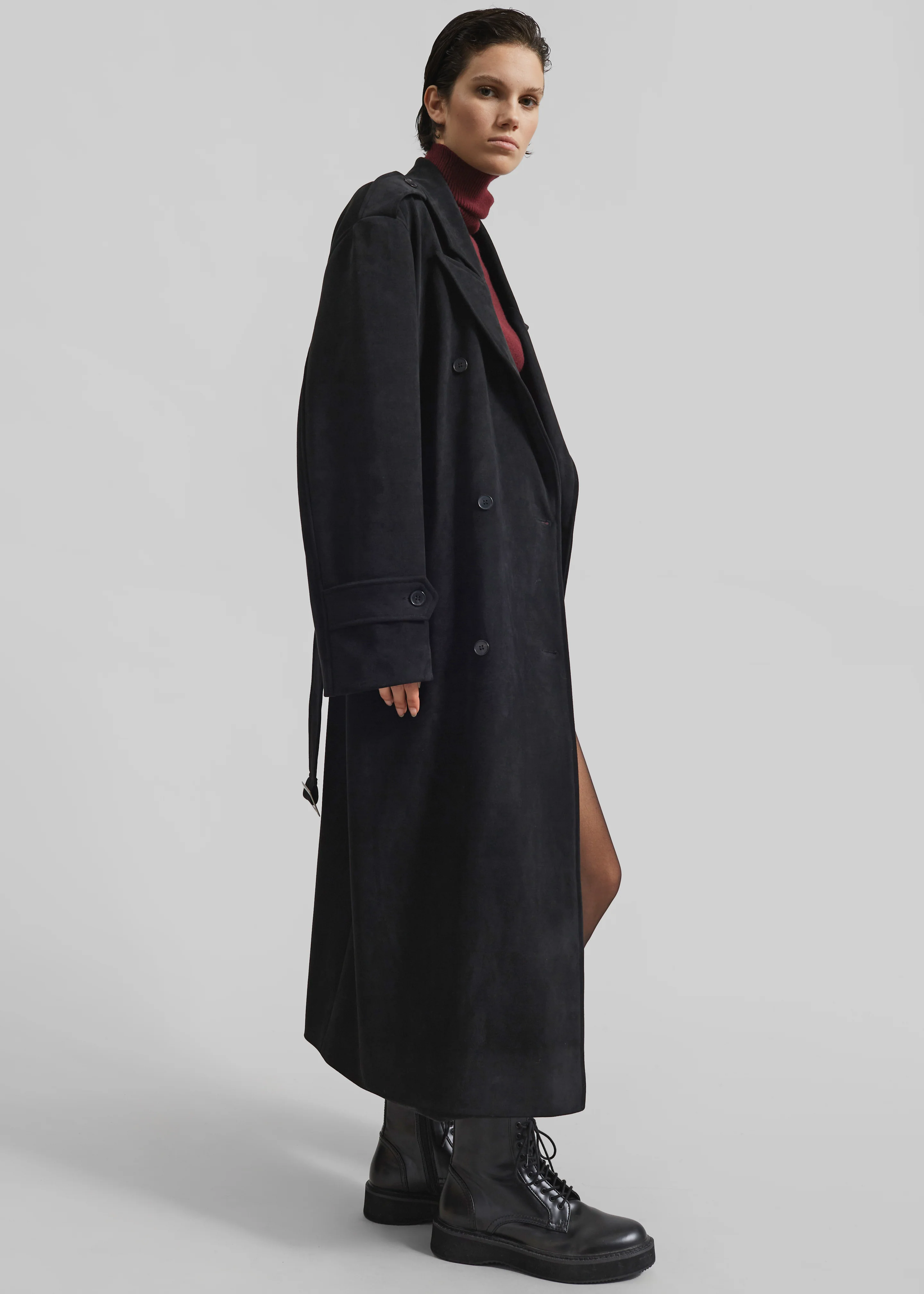Peoria Faux Suede Trench Coat - Black - Image 4
