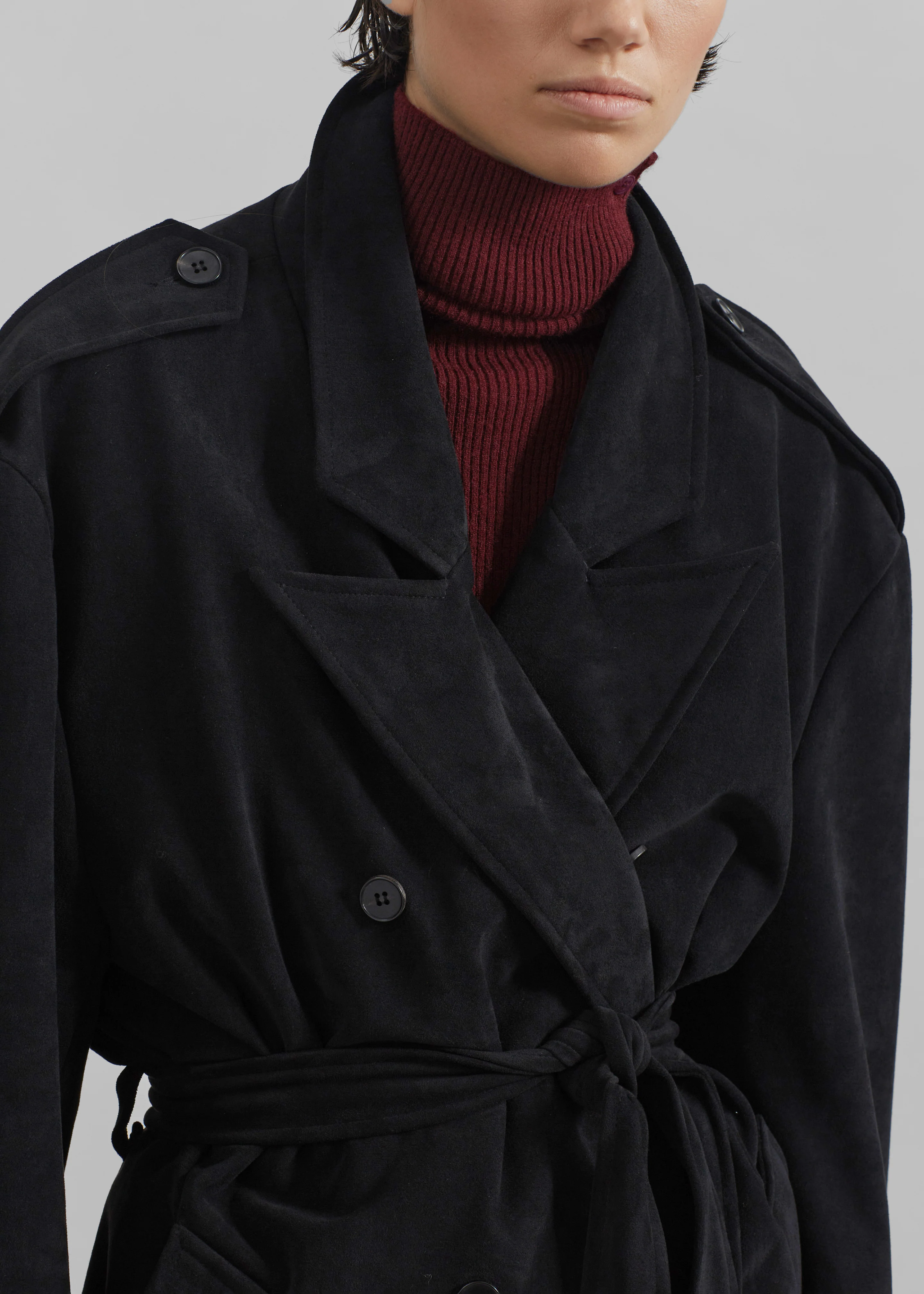Peoria Faux Suede Trench Coat - Black - Image 5