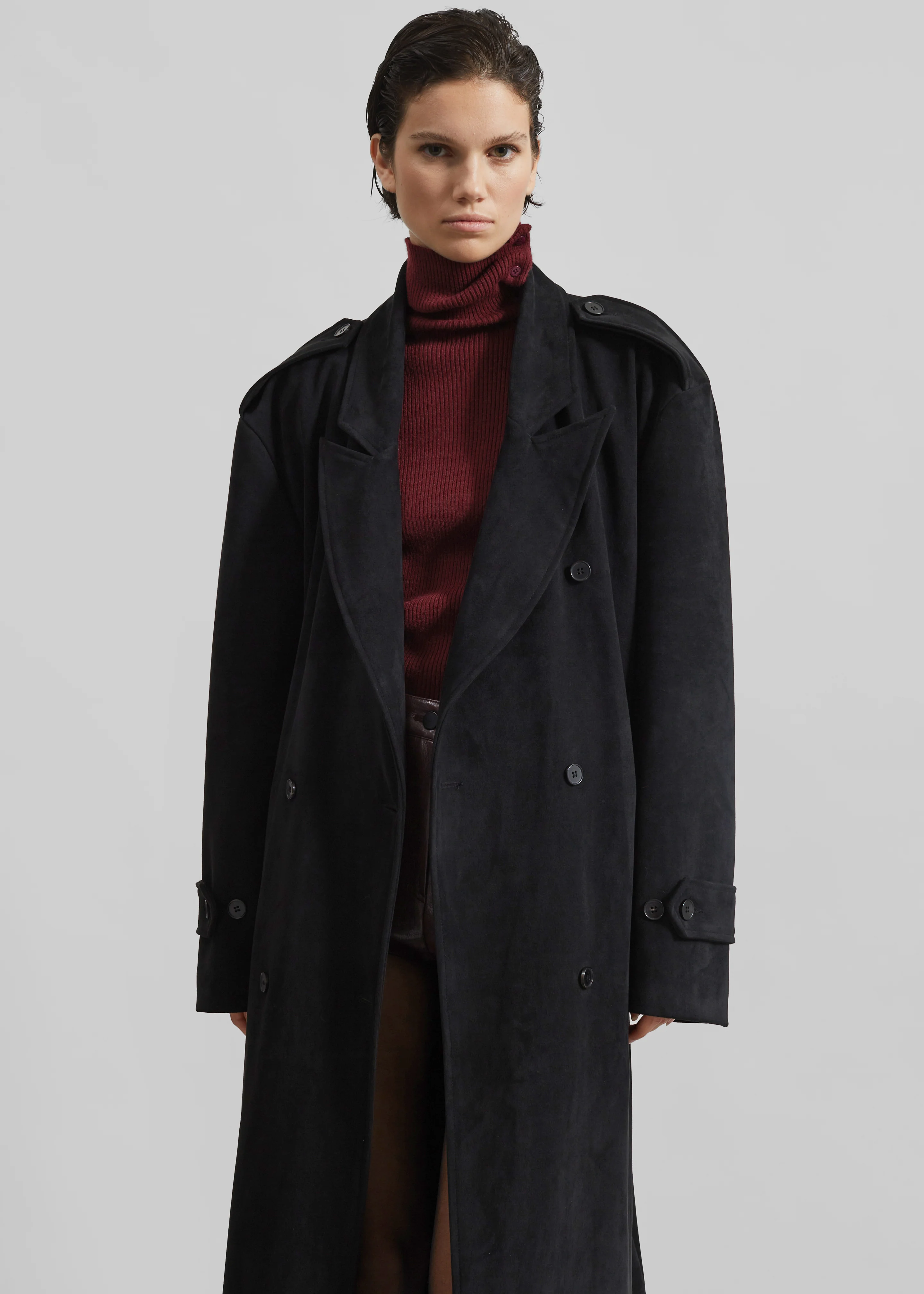 Peoria Faux Suede Trench Coat - Black - Image 6
