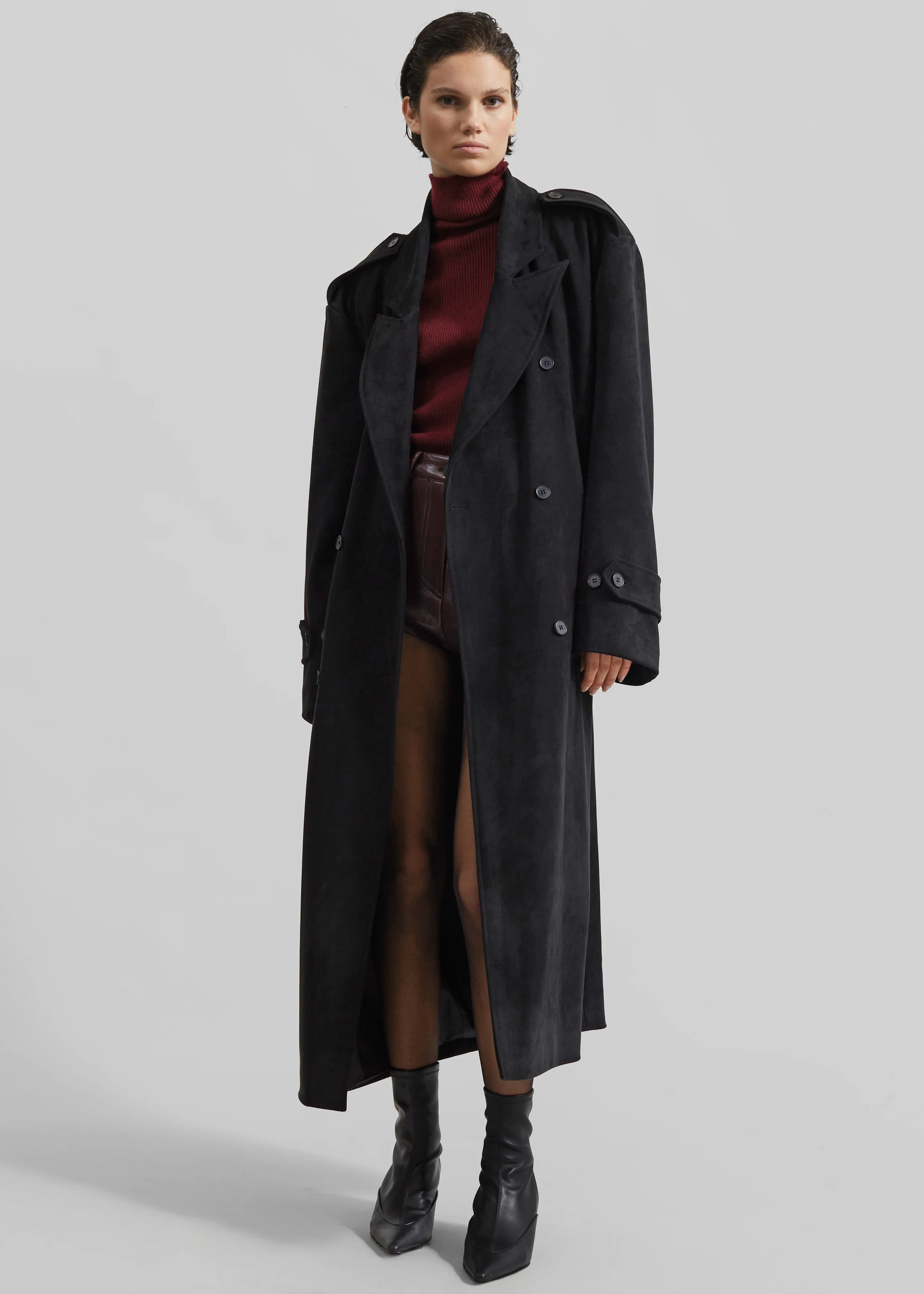 Peoria Faux Suede Trench Coat - Black - Image 7