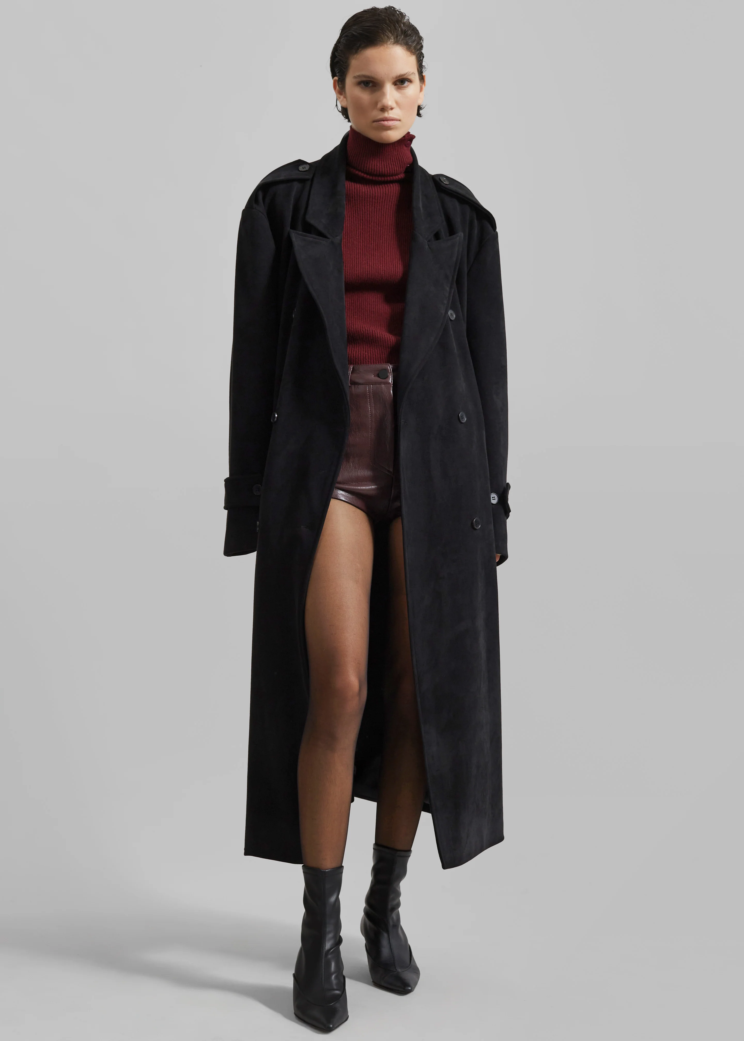 Peoria Faux Suede Trench Coat - Black - Image 8