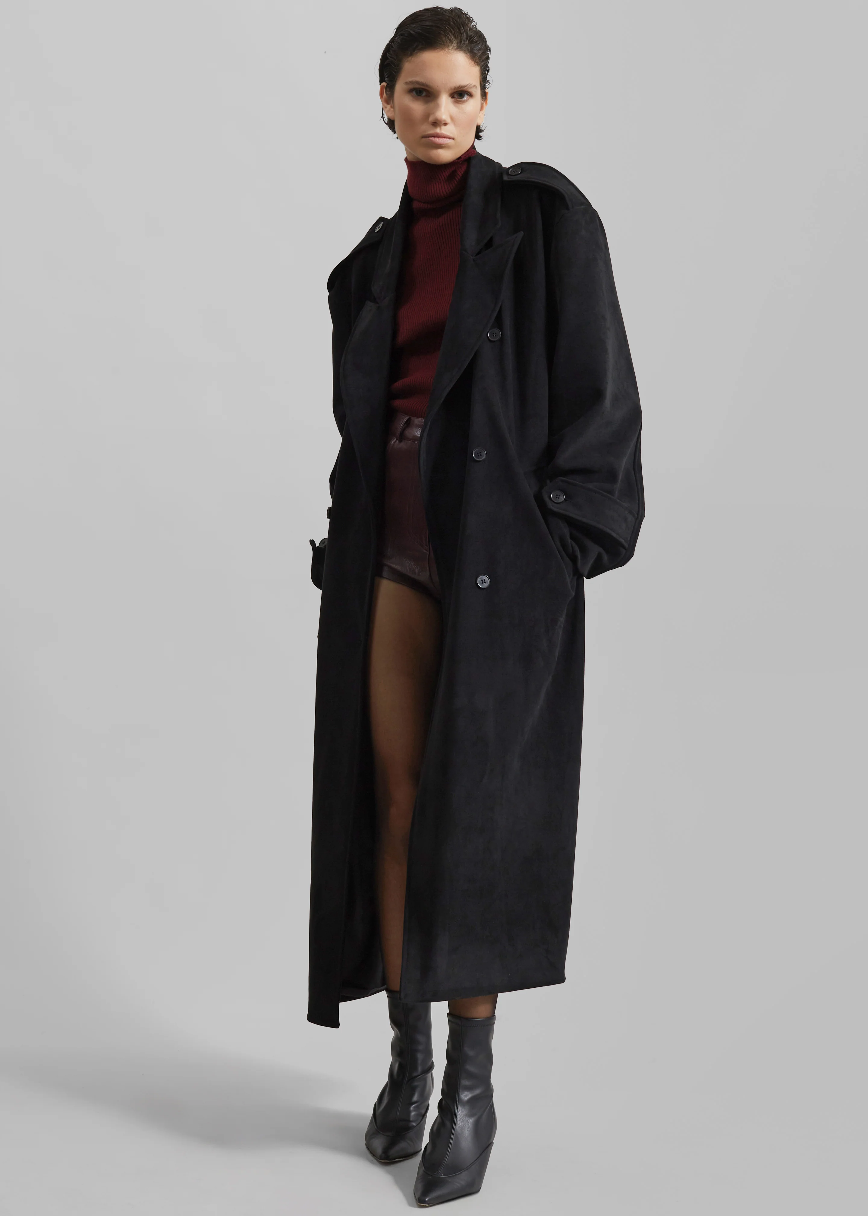 Peoria Faux Suede Trench Coat - Black - Image 9
