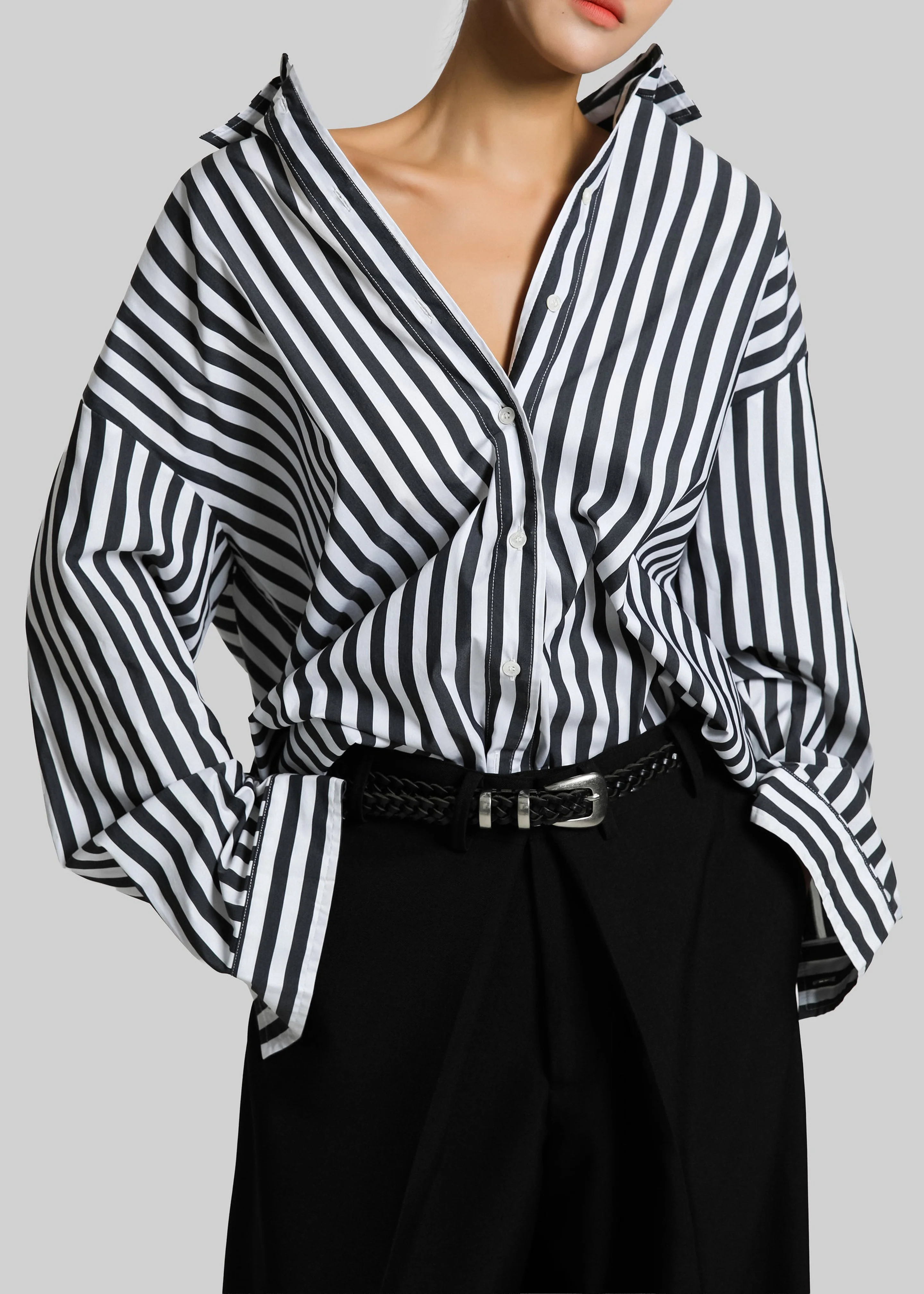 Sylvia Striped Oxford Shirt - Faded Black/White - Image 9