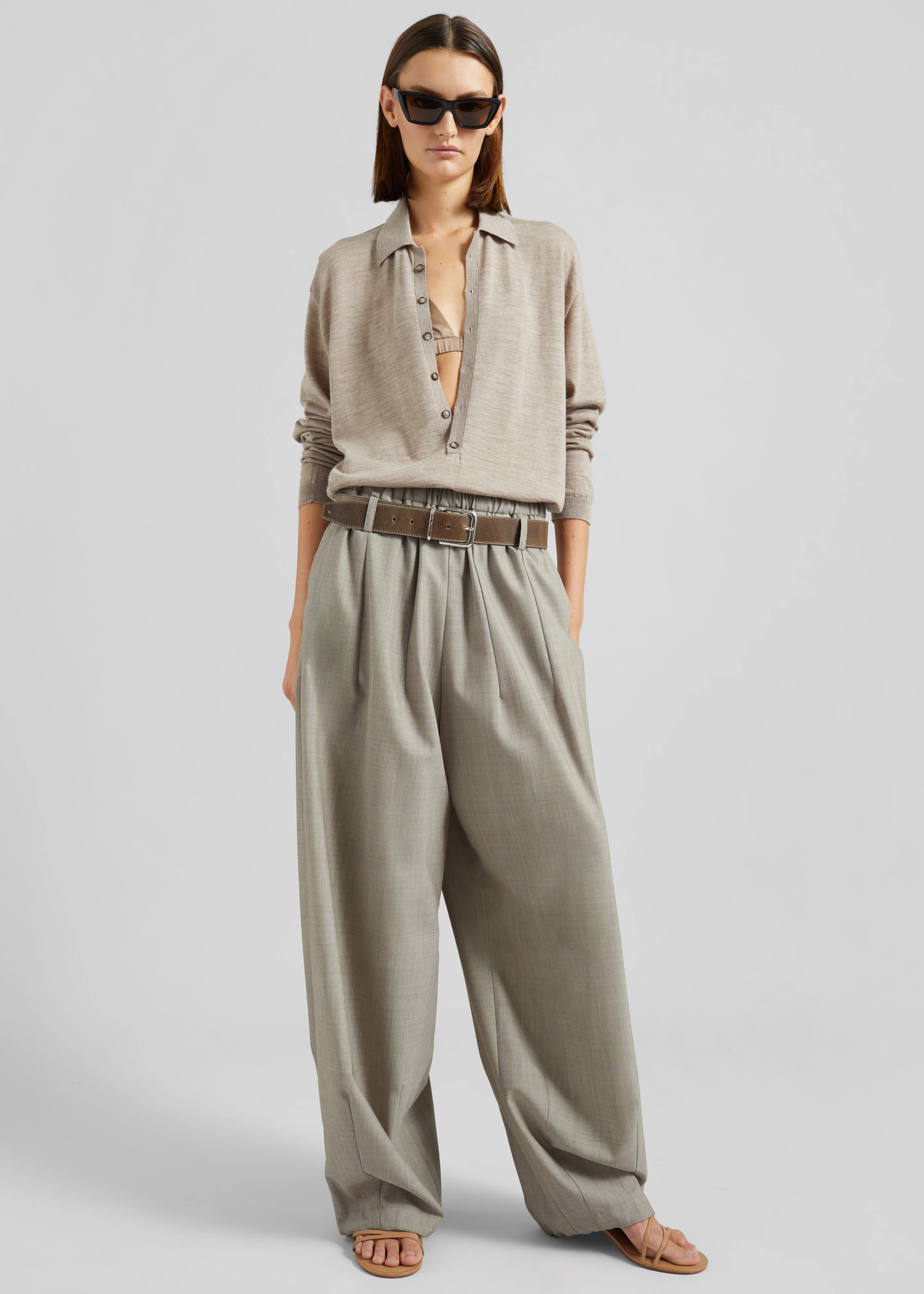 Tala Knit V-Neck Polo - Taupe Melange - Image 8