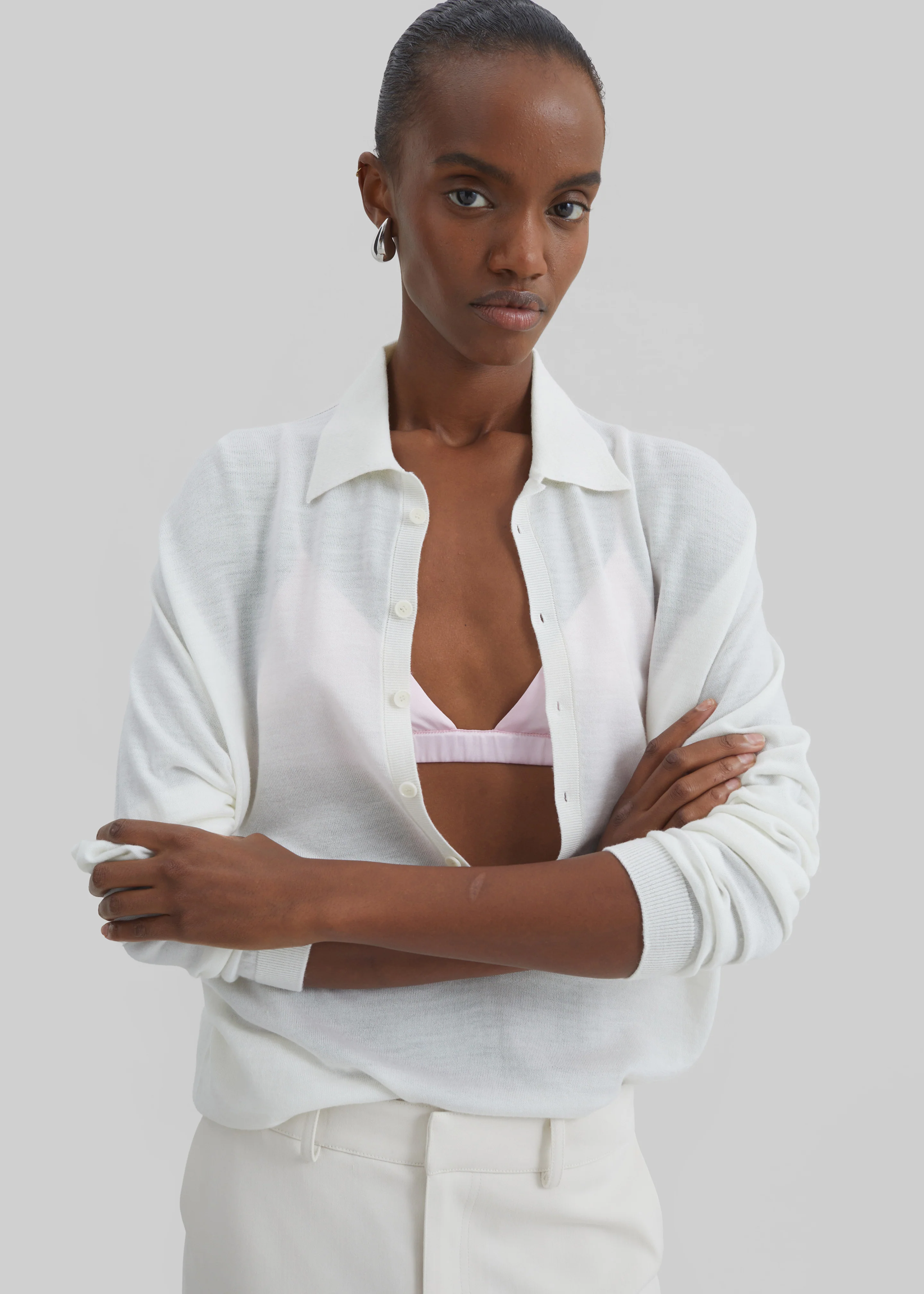 Tala Knit V-Neck Polo - White - Image 4