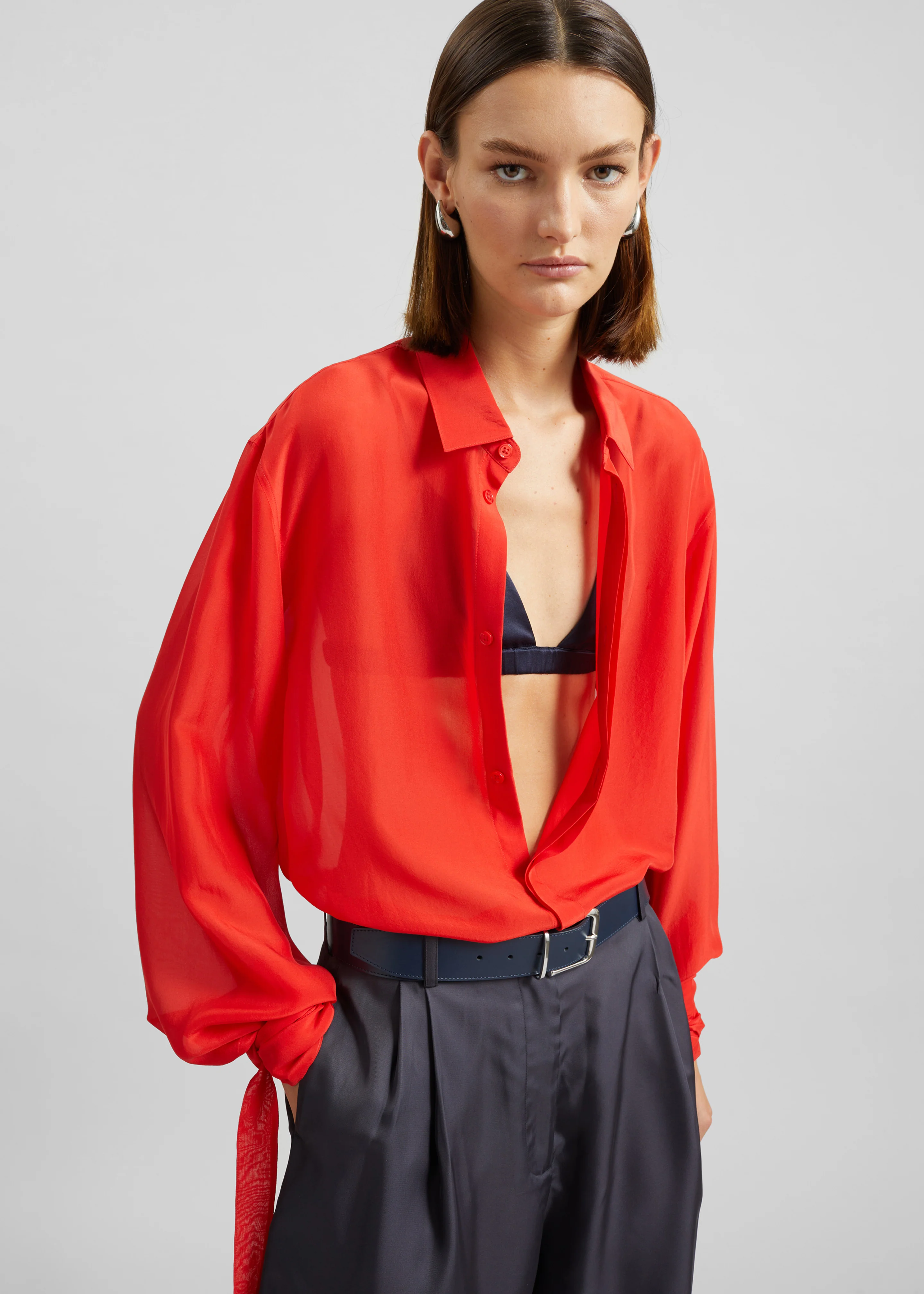 Verlin Sheer Chiffon Tie Cuff Shirt - Red - Image 6